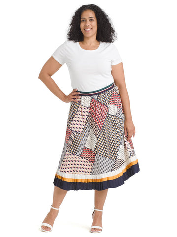 Pleated Navy And Red Patchwork Skirt