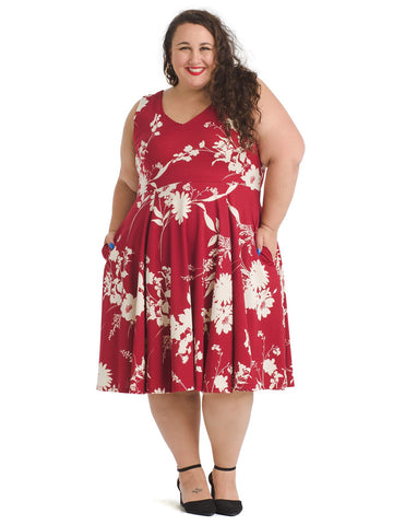 Burgundy Floral Fit And Flare Dress