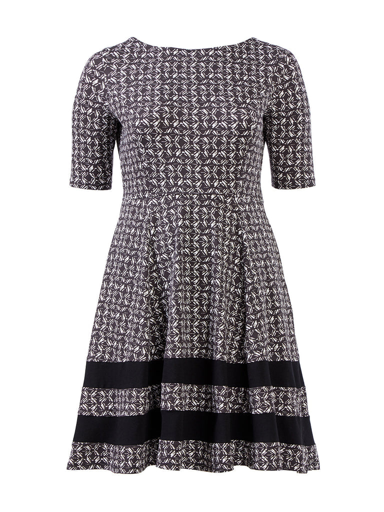 Banded Stripe Geo Print Fit-And-Flare Dress