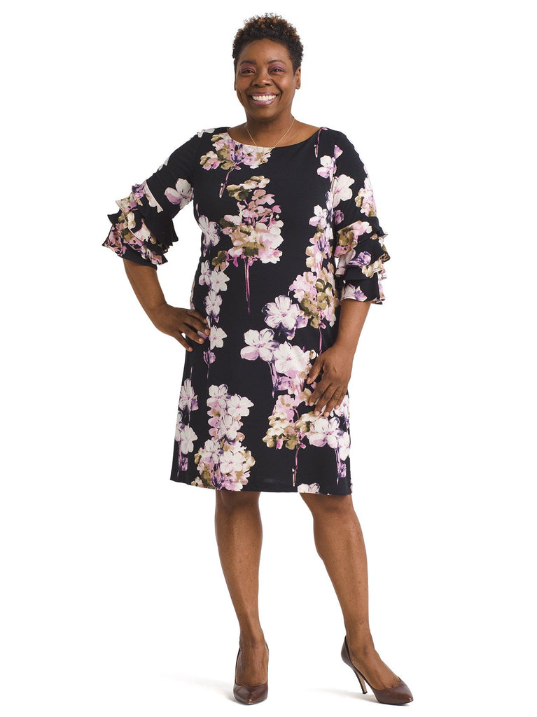 Ruffle Tier Sleeve Crepe Floral Shift Dress