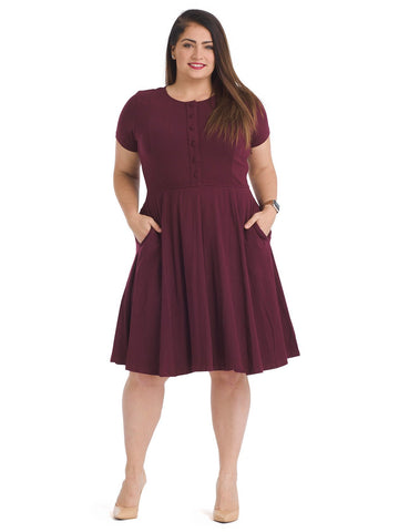Front Button Burgundy Fit And Flare Dress