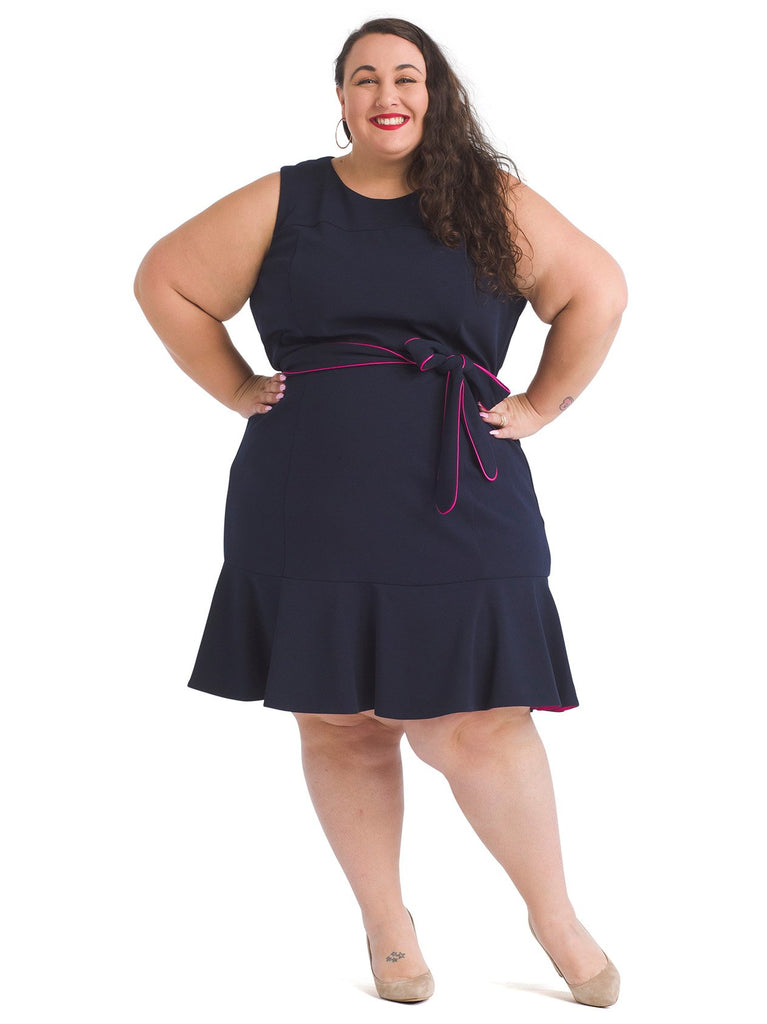 Piped Belt Navy Flared Dress