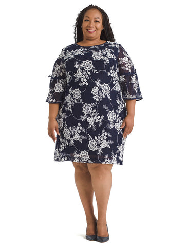 Navy Floral Lace Puff Print Shift Dress