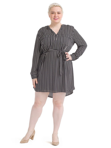 V-Neck Striped Shirt Dress