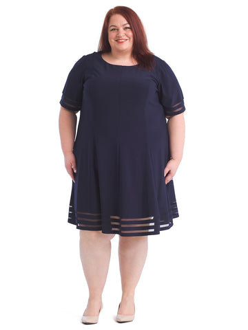Navy Mesh Hem Fit-And-Flare Dress