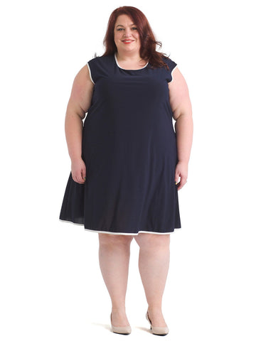 Navy And Gray Piped Extended Shoulder Dress