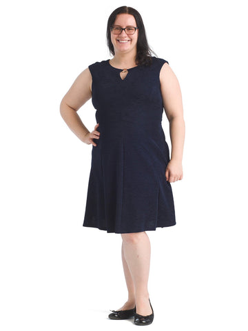 Textured Navy Hardware Fit-And-Flare Dress