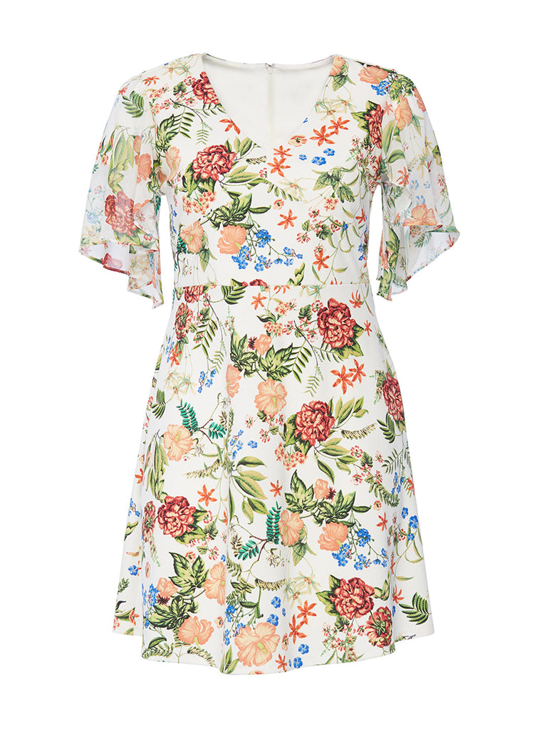 Chiffon Flounce Sleeve Floral Fit-and-Flare Dress