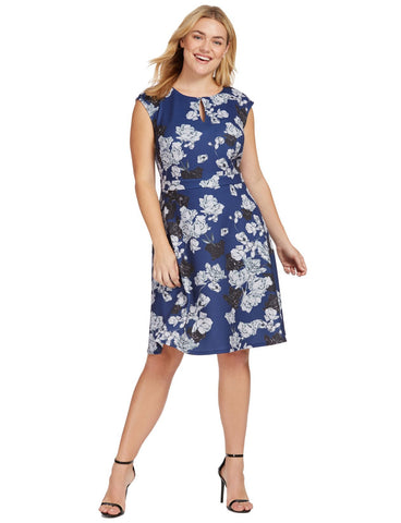 Keyhole Fit & Flare Dress In Navy Floral Print