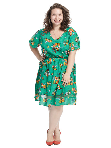 Tie Waist Green Floral Print Fit And Flare Dress