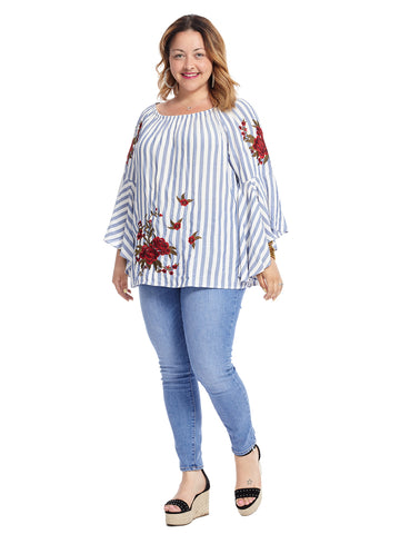 White And Blue Striped Top With Floral Embroidery