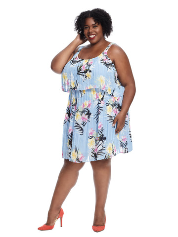 Popover Pleated Blue Floral Shift Dress