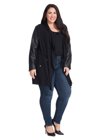 Draped Front Coat With Leather Sleeve Detail In Black