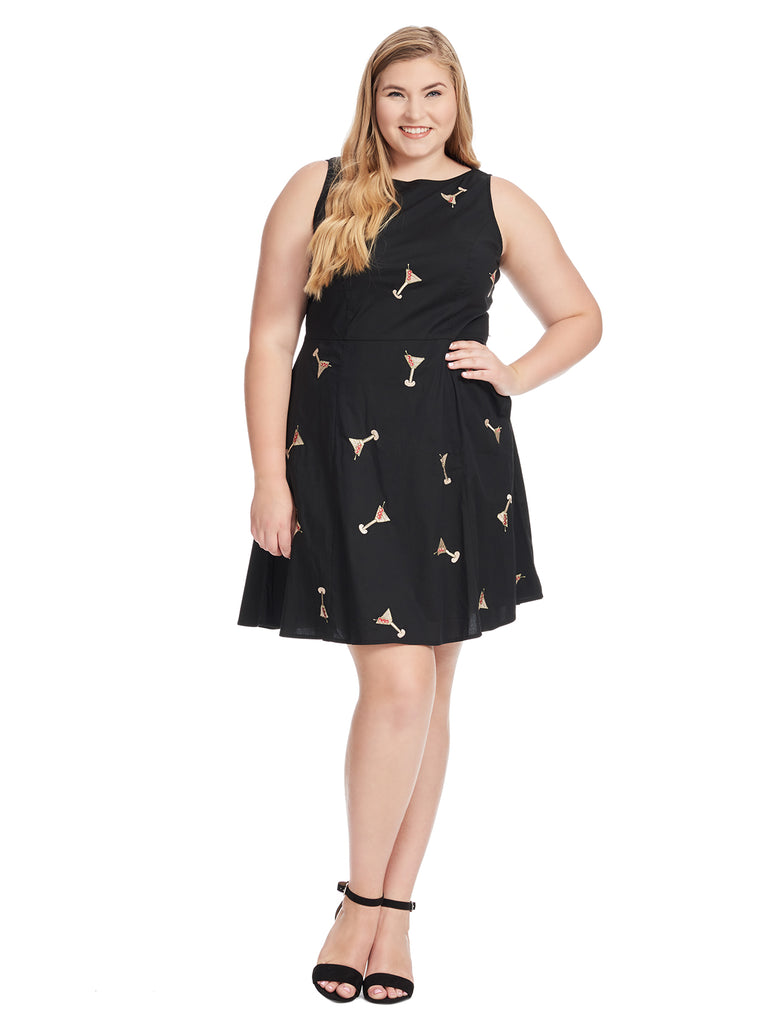 Sleeveless Black Cocktail Embroidered Fit And Flare Dress