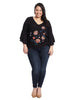 Long Sleeve V-Neck Top With Floral Print In Black