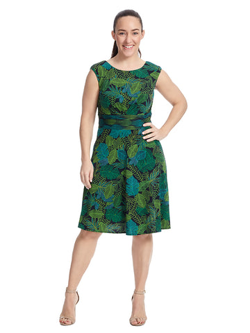 Leaf Print Fit And Flare Matte Jersey Dress