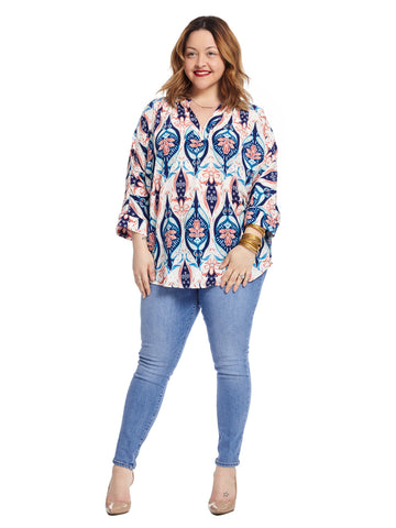 V-Neck Tunic In Blue And Coral Print