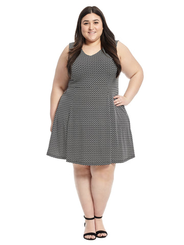 V-Neck Fit And Flare Dress In Black And White Dot