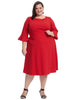 Three-Quarter Sleeve Red Fit And Flare Dress