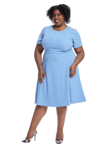 Short Sleeve Blue Fit And Flare Dress