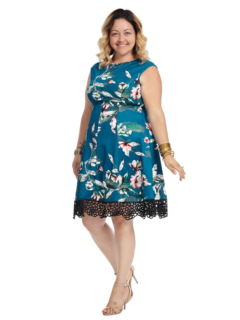 Lace Hem Blue Floral Fit And Flare Dress