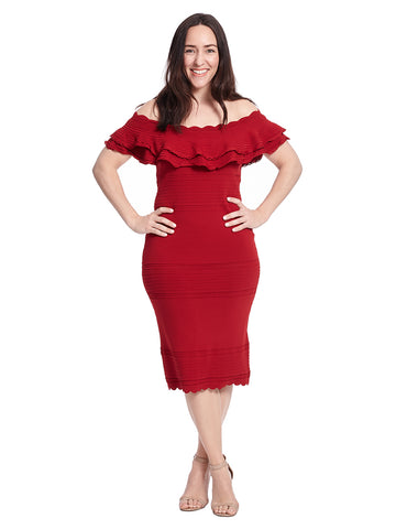 Off The Shoulder Ruffle Sheath Dress In Red
