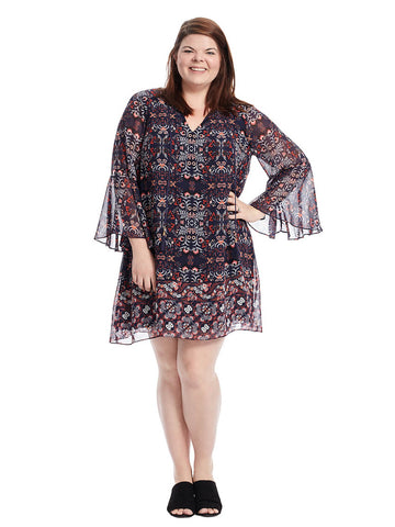 Printed V-Neck Dress With Bell Sleeves