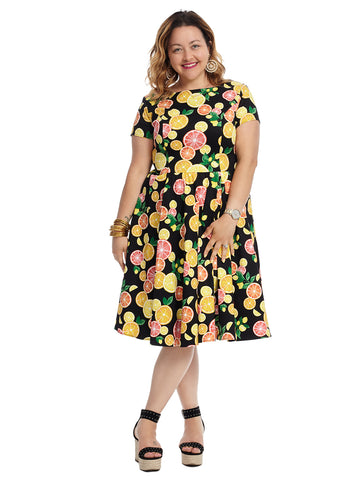 Short Sleeve Citrus Print Fit And Flare Dress