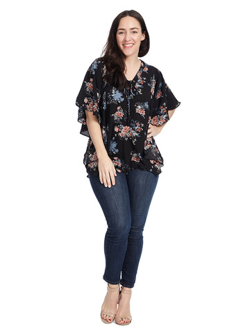 Ruffled Top With Lace Detail In Black Floral Print