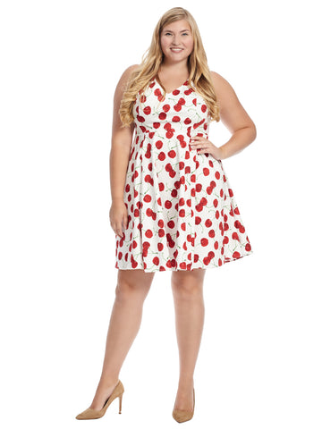 V-Neck Cherry Print Fit And Flare Dress