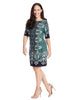 Elbow Sleeves Shift Dress In Navy And Green Print