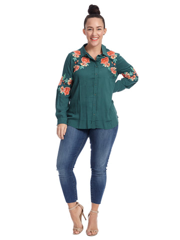 Button Down Embroidered Green Top