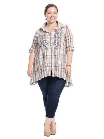 Embroidered Plaid Tunic Top