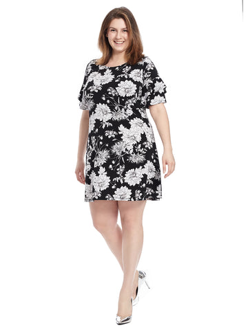 Floral Shift Dress With Ruffled Sleeve