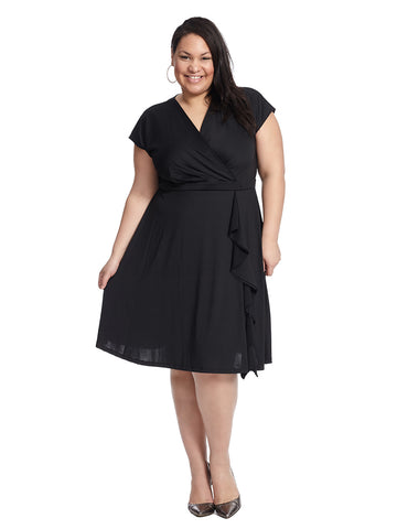 V-Neck Dress With Ruffle Skirt Detail In Black