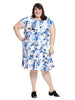 Short Sleeve Blue And White Floral Print Fit And Flare Dress