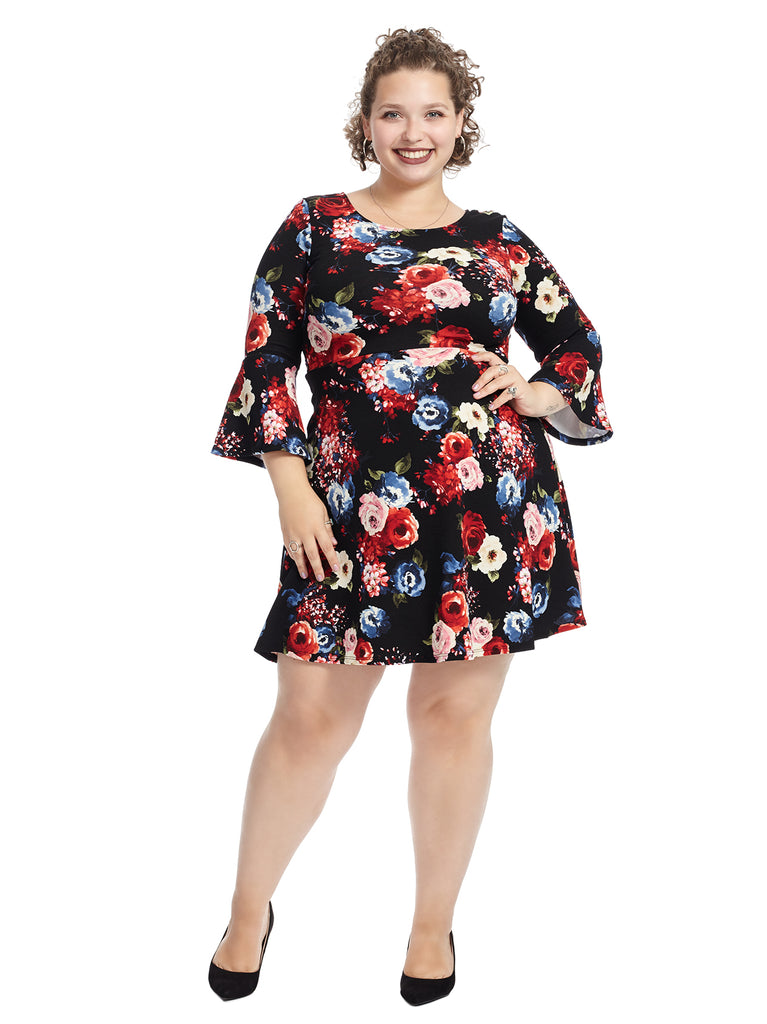 Bell Sleeve Black Floral Fit And Flare Dress