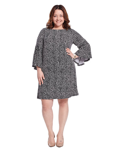 Printed Bell Sleeve Shift Dress In Cream And Black