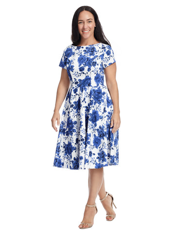Short Sleeve Blue Floral Print Fit And Flare Dress