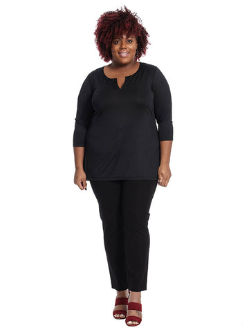 Three-Quarter Sleeve Top With Notch Neck Detail In Black