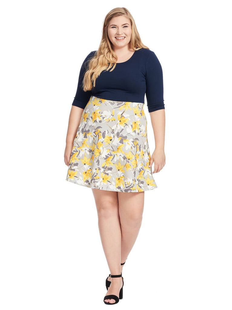 Blue And Yellow Floral Print Fit And Flare Dress