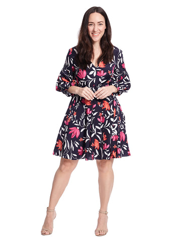 Balloon Sleeves Navy Print Fit And Flare Dress