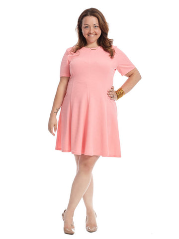 Short Sleeve Solid Knit Textured Fit & Flare Dress In Guava