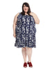 Paneled Navy Tropical Print Fit And Flare Dress
