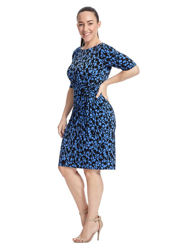 Sheath Dress With Side Shirring In Blue And Black Print