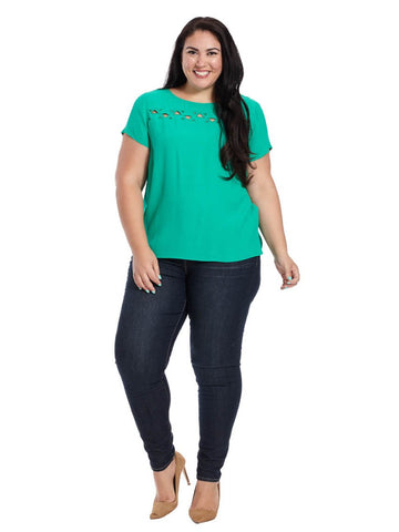 Short Sleeve Blouse With Cut Outs In Kelly Green