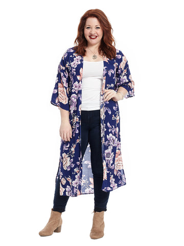 Side Slit Blue Floral Print Kimono Cardigan