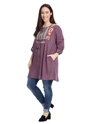 Roll-Tab Sleeve Embroidered Top