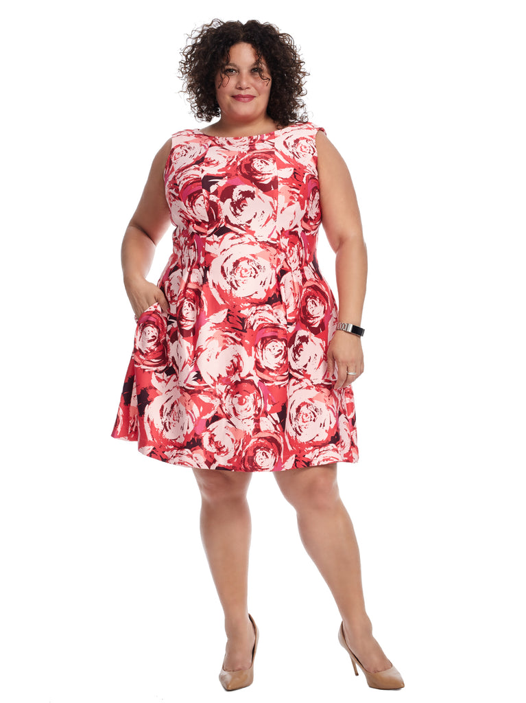 Cap Sleeve Fit And Flare Rose Print Dress