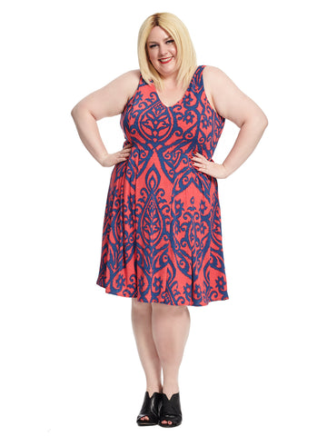 Sleeveless Jade Red And Navy Print Fit And Flare Dress